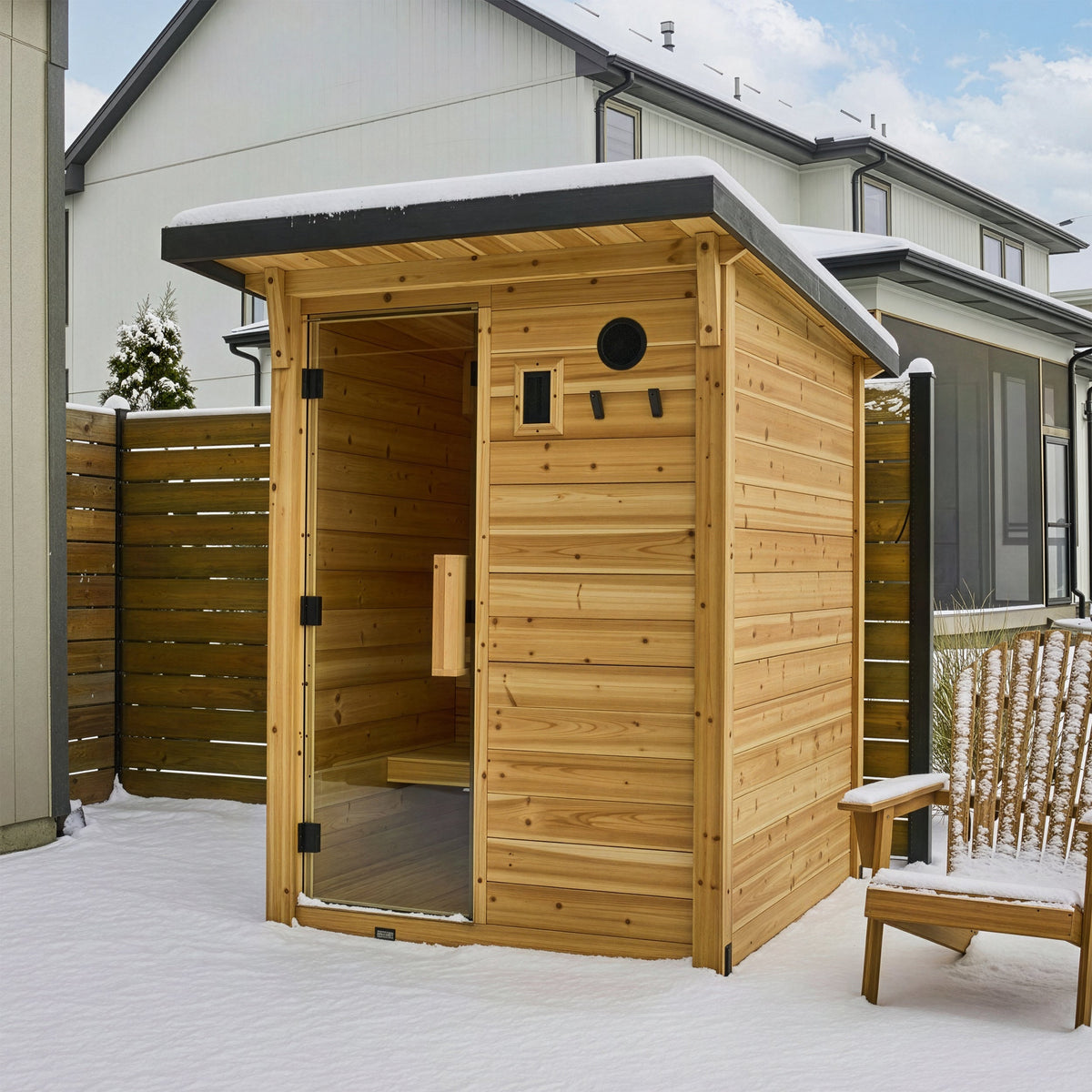 Henley All-Weather Protection sauna in snow cedar roof